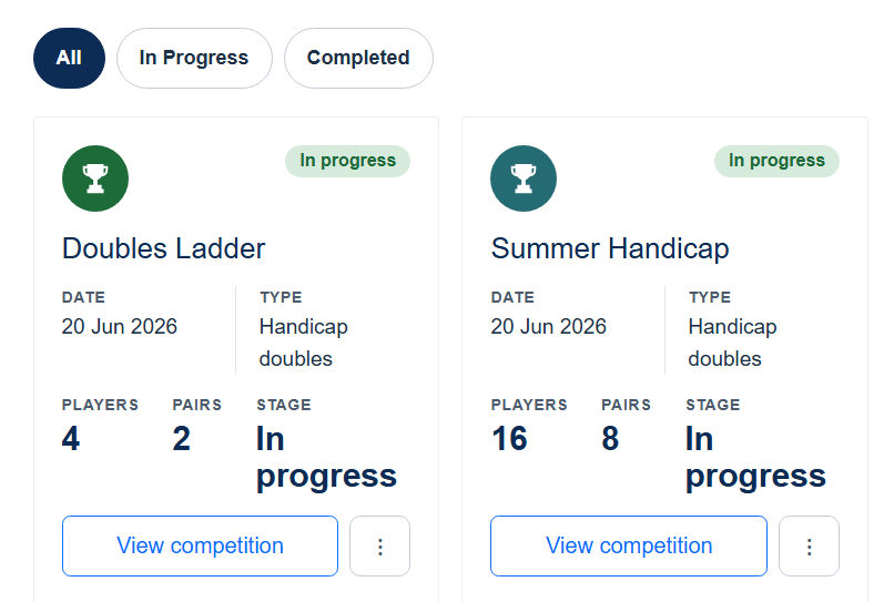 Competitions list - handicap doubles tournaments in progress