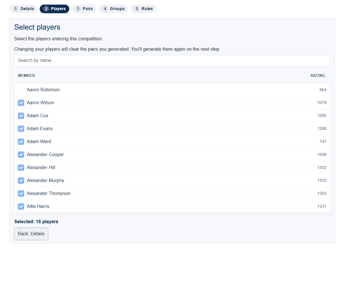 Select players step - pick entrants from the membership list, with ratings pulled in automatically