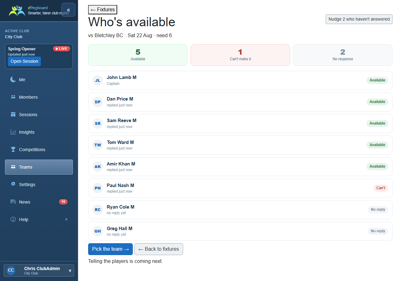 The availability view - a count of who is available, who can't make it and who hasn't replied, above the squad list with each player's answer and a nudge for those still to respond