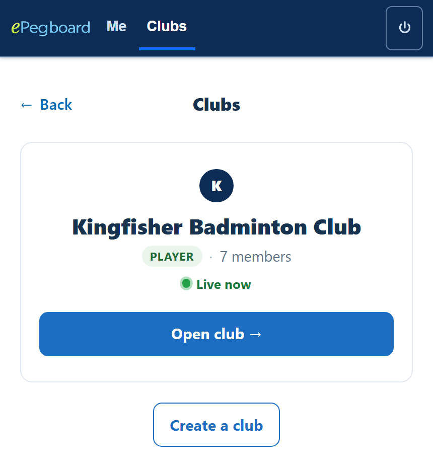 The player's clubs list on their phone - a club card showing their role and a live-now indicator