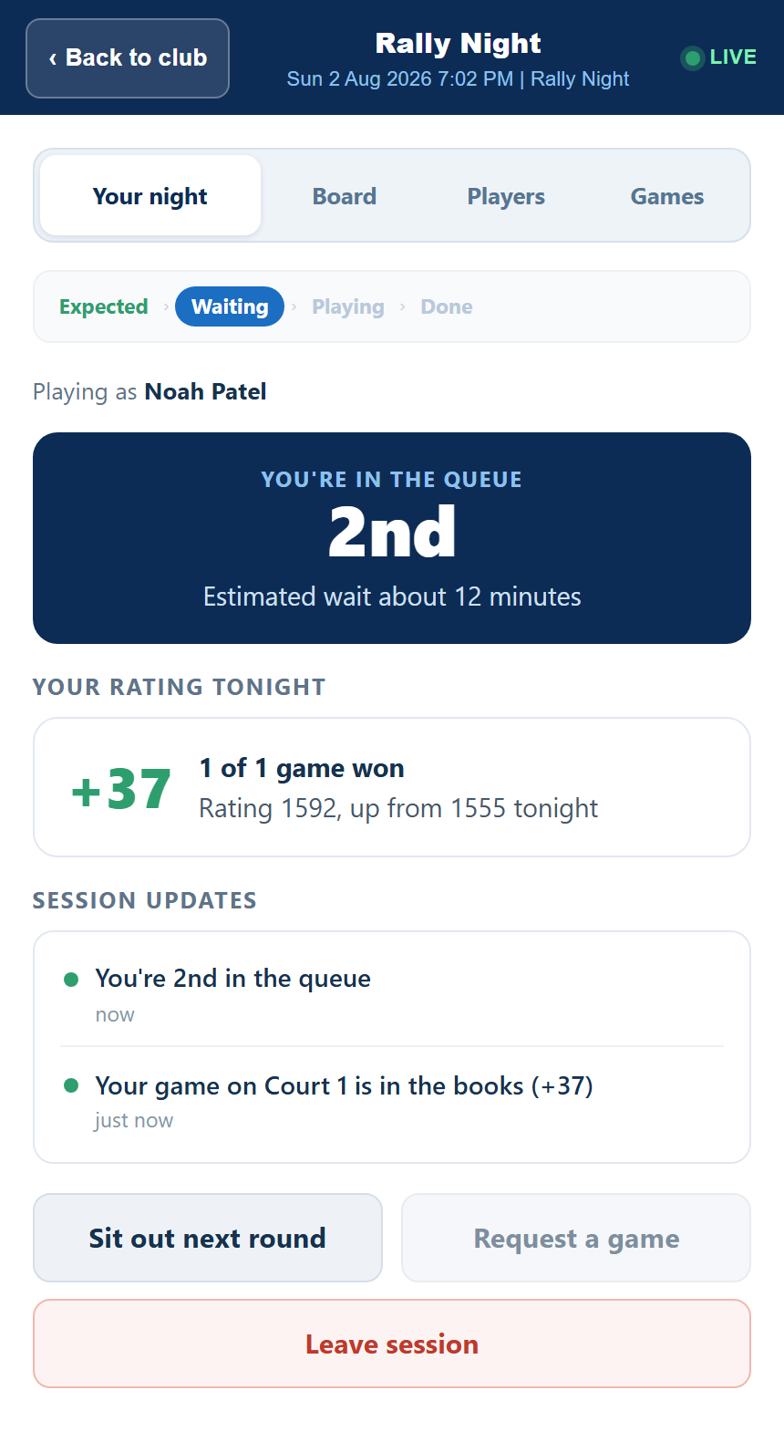 A player's live session view on their phone - queue position, rating change tonight, and a feed of their games as they finish