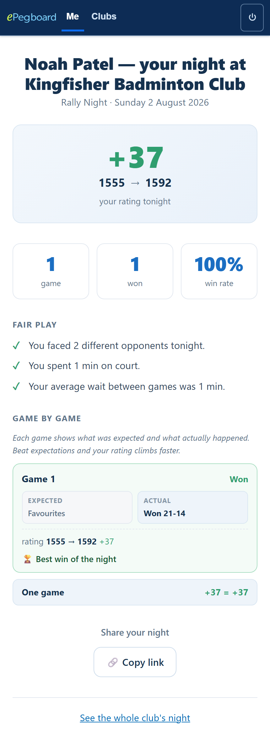 A player's personal recap of their night - rating change, a game-by-game breakdown, and a share button