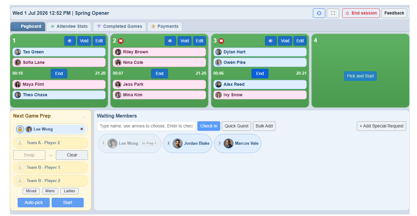 ePegboard live session dashboard - four courts running with waiting members
