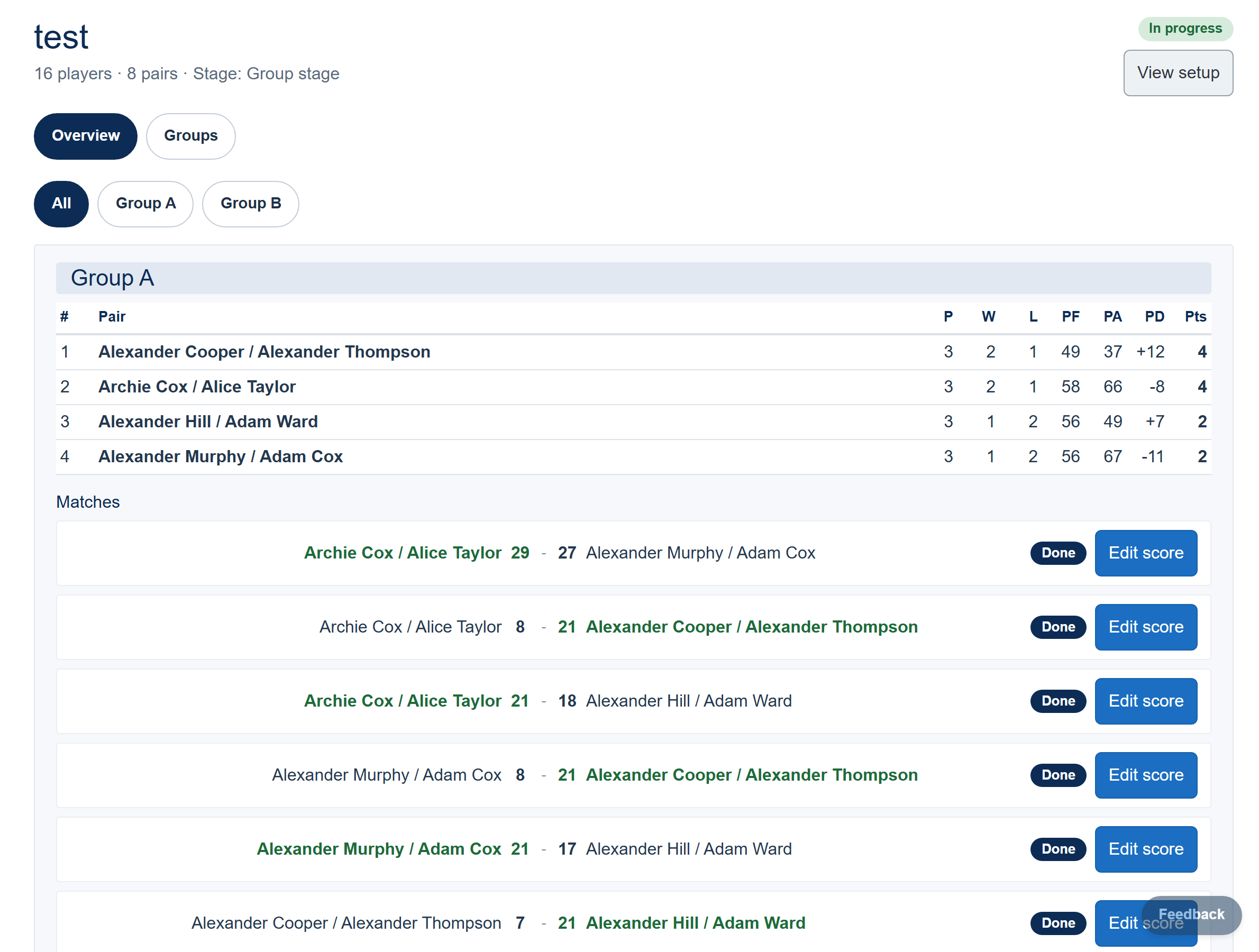 Live competition standings - group table with points, games won and point difference